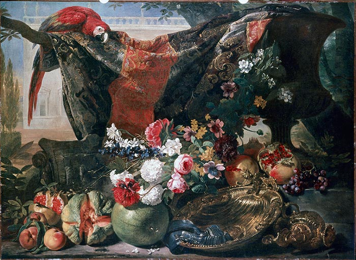 Anonimo — David de Coninck - sec. XVII - Natura morta con frutta, fiori, tendaggio e pappagallo — insieme